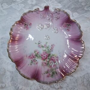 Antique MZ Austria Plate Porcelain Pink Roses Gilt Clovers Dish